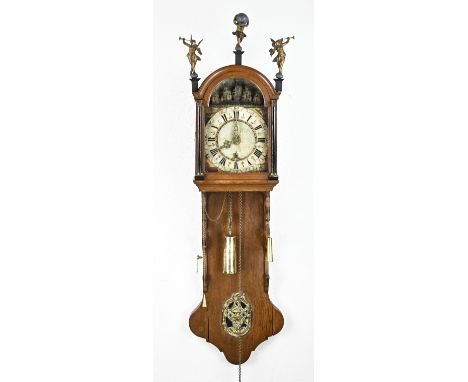 18th century oak Frisian tail clock with ship mechanism. With date indication and alarm clock. Dimensions: 145 cm. In good co