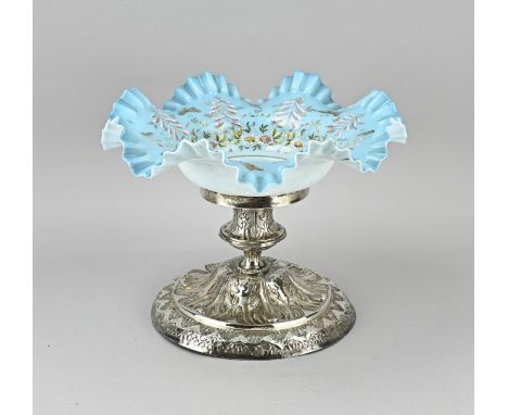Antique table piece with opaline glass and silver, 835/000. contoured opaline glass bowl. Light blue bowl with scalloped edge