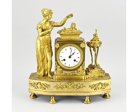 Beautiful ormolu bronze Directoire mantel clock with Greek woman and child in flower basket. France. Circa 1800. Eight-day mo