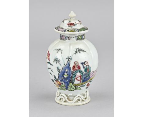 18th century Chinese porcelain Young Chen tea caddy with landscape/figure decor. Minimal hairline. Minimal chips. Dimensions: