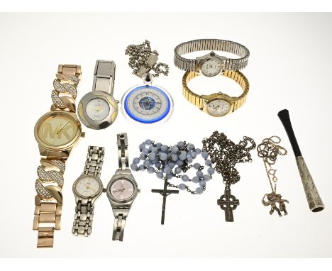 Lot of watches and various including 2 swatch watches, Michel Kors, Lorus and Commendor, a rose wreath with blue carnations, 