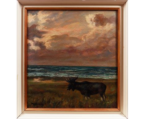 Fritz Moeller-Schlünz (1900 in Schwaan - 1990 in Lübeck) Elch am Strand von Nidden auf der Kurischen Nehrung, Öl auf Hartfase