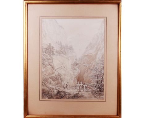 Alpines Panorama mit Figurenstaffage, 18.Jh.Anonymer Meister des Klassizismus, Sepiazeichnung auf Papier, unsigniert, ca. 40x