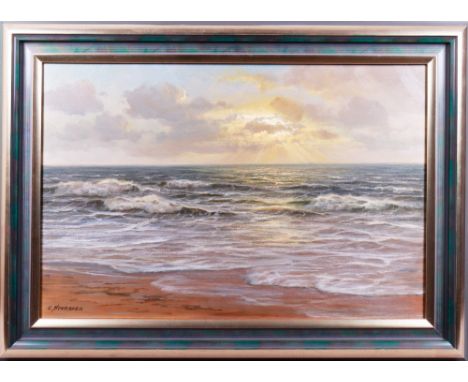 Karlheinz Schrader (1925, Altona - Hamburg, 2012) Sonnendurchbruch über dem Horizont am Meer, Öl auf Leinwand, u.l. sign. "K.