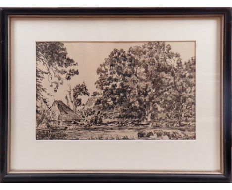 Leopold Thieme (1880, Rochlitz - 1963, Lübeck) Kühe in einem Weiher neben Reetdachkaten, Tuschfederzeichnung über Bleistift a