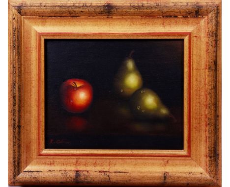 Stillleben mit Apfel und Birnen Unbekannter Künstler, Öl auf Leinwand, u.l. signiert "K. Cotton", ca. 20,5x25,5cm, gerahmt (c