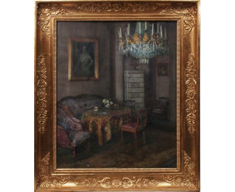 Franz Huth (1876 Pößneck - 1970 Weimar) Interieur mit Sitzecke, Kachelofen und großem Lüster, 1918, Aquarell auf Papier, u.r.