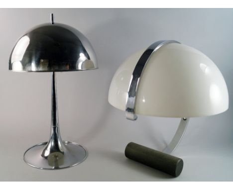 An Italian chrome table lamp by Reggiani, 20th century, with domed shade, with narrow trumpet form base, 51cm high, together 