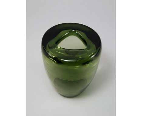 A Leerdam green glass vase, c. 1940, of waisted form with a triangular aperture, etched mark to base, 14.5cm high CONDITION R