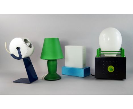 A Theon Memphis style lamp base, 20th century, 37cm high, together with three other lamp bases, to comprise a lamp with blue 