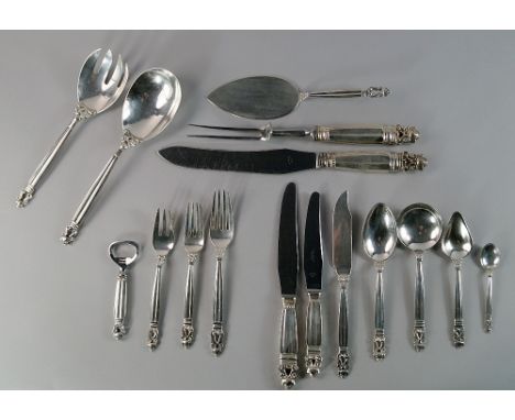 An extensive Georg Jensen Acorn pattern suite of cutlery, import marks for 1947, comprising eight table knives, eight table f