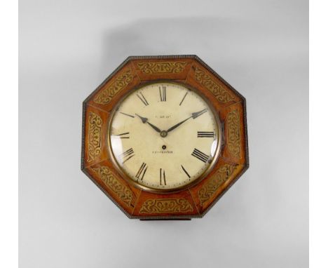 A William IV or early Victorian octagonal rosewood and brass inlaid wall clock, with beaded edge and pierced brass work to ca