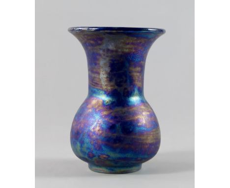 A Ruskin 'Kingfisher' lustre vase, of bulbous form, with flared neck, stamped Ruskin Made in England to base, approx 10cm hig