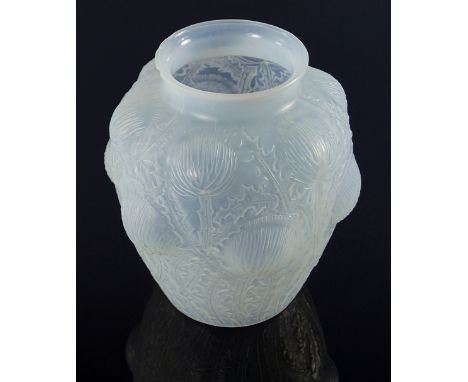 R. Lalique, Donremy, No. 979, c.1926, an opalescent glass vase, moulded with thistle design, engraved R. Lalique signature to