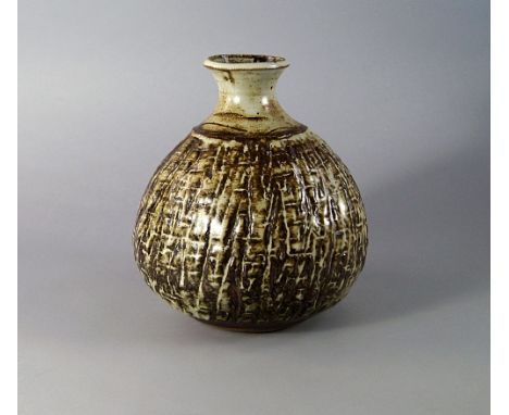 Janet Leach, British, 1918-1997, a globular stoneware vase, with incised scraffito decoration, seal marks and St Ives marks t