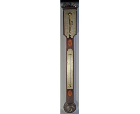 A George III mahogany and satinwood inlaid stick barometer by James Gatty, the top with architectural form cornice with centr