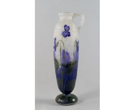 A Daum, Nancy acid etched amphora vase, Violets, approx 24cm high. (af) CONDITION REPORT: One handle deficient with chip to n