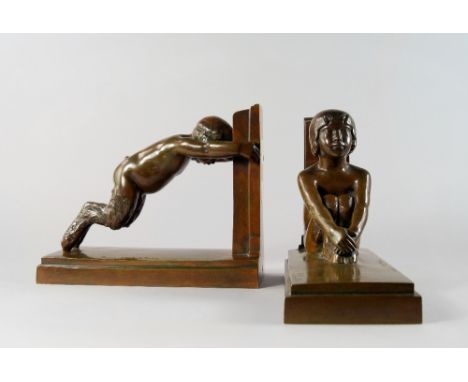 Paul Silverstre, French, b.1884, Faun bookends, c.1930, signed and inscribed Suisse Frères Edts Paris, with Suisse Frères fou