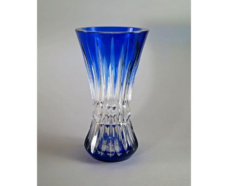 A Val St Lambert blue overlay cut crystal vase, of flared form, approx 30.5cm, etched signature to base.  CONDITION REPORT: V