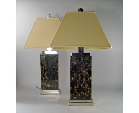 A pair of Contemporary chrome and enamel lamp bases, of rectangular form, the bodies of imitation tortoise shell form, on ste