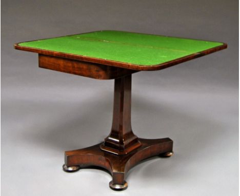 A William IV mahogany card table, 19th century, folding top raised on shaped pedestal, 72cm high x 93cm wide.  CONDITION REPO