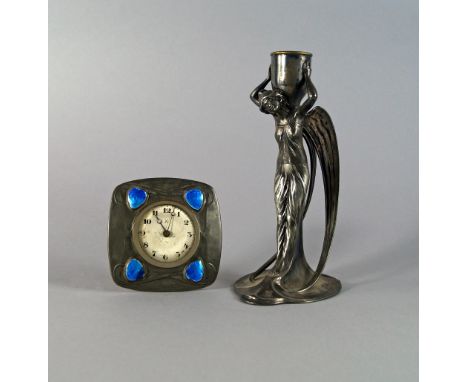 AMENDMENT: Please note that the lamp base is stamped WMF. A Liberty & Co Tudric pewter and enamel Art Nouveau easel desk cloc
