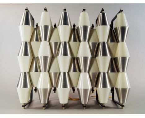 A Continental brushed aluminium and white plastic wall light, possibly Italian 1970's, the façade of cone shaped chromed meta