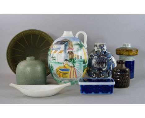 A Rorstrand jug, 20th century, with loop handle, painted with a village scene in the mountains, 29cm high, a Gustavsberg butt