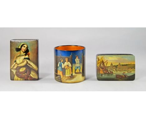 A German papier mache box, 19th century, painted with a young lady, 7cm x 10cm x 2.5cm, together with another rectangular box