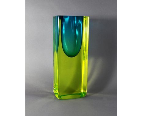 A large Cenedese style slab vase, 20th century, of rectangular form, in green glass with an internal turquoise blue reservoir