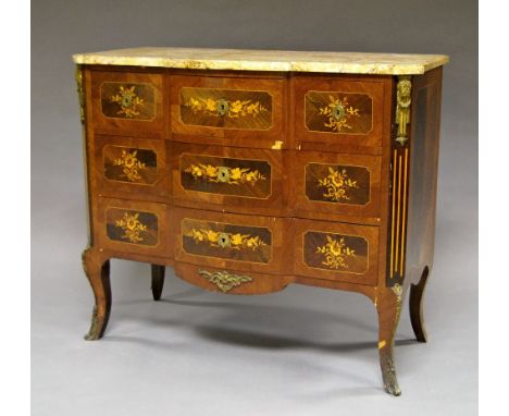 A French ormolu and inlaid mahogany commode, early 20th Century, with marble top, above three short drawers over two long, on