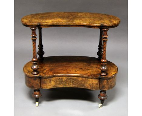A Victorian walnut inlaid kidney shaped what not, 19th century, shaped top over single long drawer, raised on casters, H Ogde