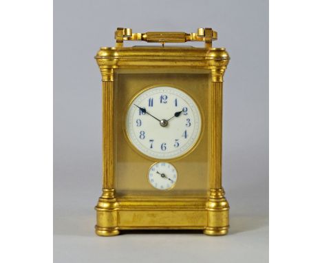 A French gilt brass carriage clock, late 19th century, the case with pillared supports, on rounded pedestals, the white ename