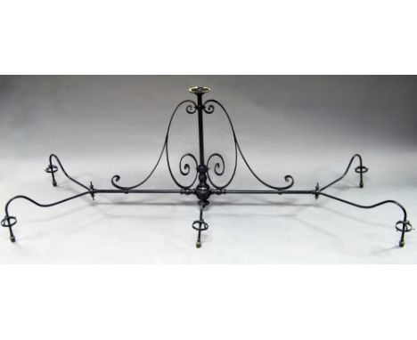 A late Victorian cast and wrought iron gasolier billards light, later converted and painted, with central column and scrollin