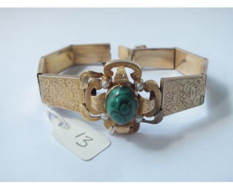 A VICTORIAN LINK PANEL BRACELET WITH MALACHITE &amp; PEARL CLUSTER FRONT IN 15CT GOLD - 22.2gms