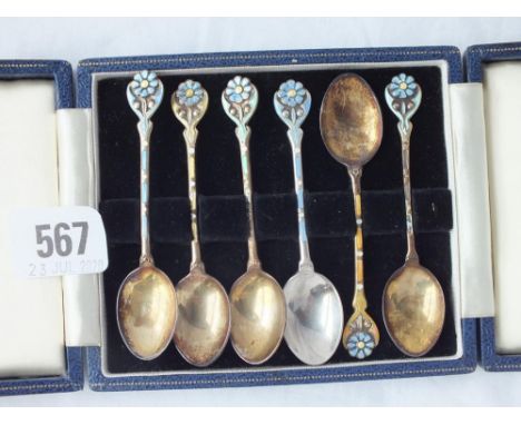 Boxed set of 6 silver gilt and enamel decorated coffee spoons - B'ham 1960 by T&amp;S