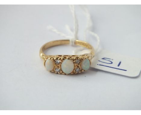 Antique 18ct gold opal &amp; diamond carved half hooped ring - Size M - 4.1gms