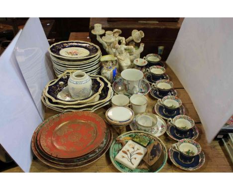 Victorian dessert service, pair of Chinese iron red and gilded plates with character marks, Royal Worcester 'Parrot' cups and