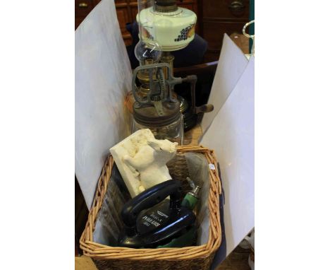 Victorian brass oil lamp, another oil lamp, churn, gas iron, ornament and basket