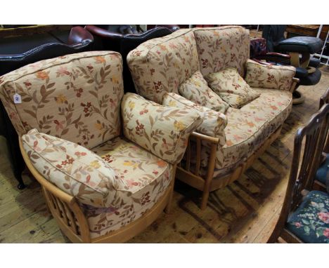 Ercol Renaissance two seater settee and chair in autumn floral coloured fabric