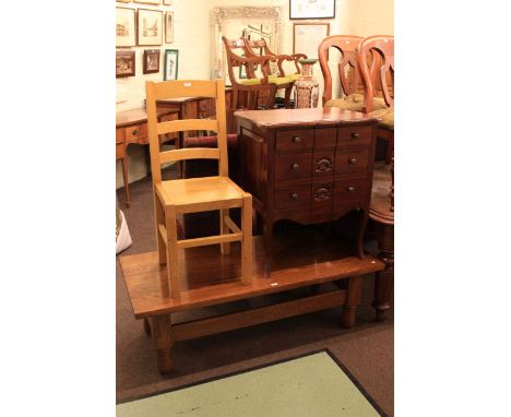 Rectangular oak coffee table, three drawer mahogany chest, ladder back chair and pair side chairs (5)