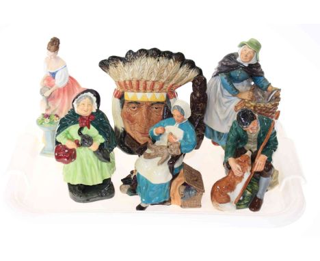 Royal Doulton character jug 'North American Indian' and five figures 'Sairey Gamp', 'The Master', 'Old Meg', 'Alexandra' and 