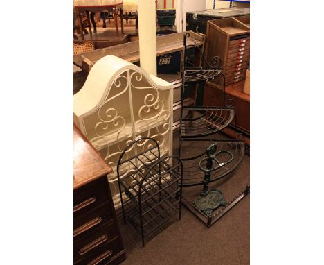 Arched top wrought metal cabinet, wine rack, three tier corner stand, stick stand and kerb (5)