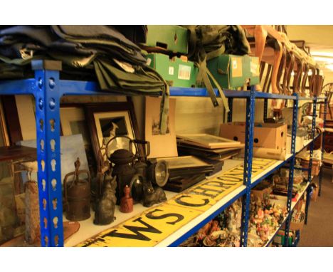 Scalextric accessories, assorted china, clay pipes, silver plated ware, two bird taxidermy, coach lamps, enamel sign, various