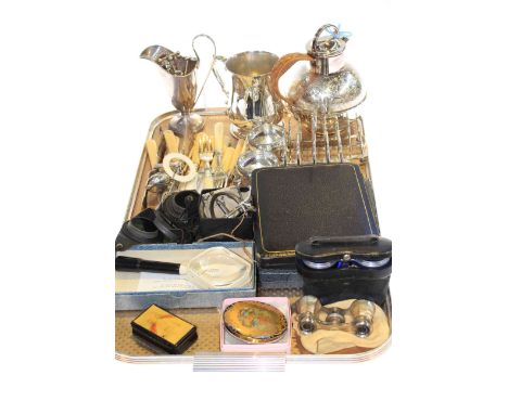 Collection of silver plate, opera glasses, compact, snuff box etc.