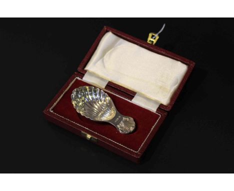 Silver caddy spoon, cased