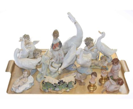 Collection of Lladro and Nao figures and swans, Border Fine Arts 'Head to Head', two Capodimonte busts and two cherubs