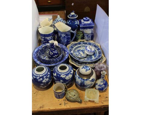 Collection of blue and white wares, small oil lamp, glass vase and onyx ashtray