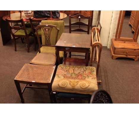 Late Victorian turned leg nursing chair, ladder back side chair, inlaid bedroom chair, occasional table, three stools and tow