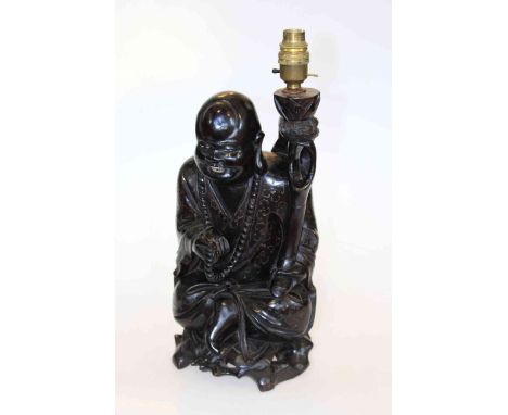 Oriental carved wood Buddha table lamp